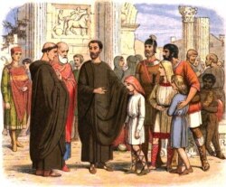 Illustration of Gregory (later, Gregory the Great and Pope Gregory I) conversing with English slaves in Rome, from James William Edmund Doyle, "The Saxons," 1864.