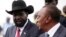  South Sudan President Salva Kiir (L) meets his Kenyan counterpart Uhuru Kenyatta, who is on his first visit to the region as head of state, in Juba, South Sudan, May 23, 2013.