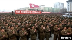 North Korean soldiers attend a rally celebrating the country's third nuclear test at the Kim Il-Sung square in Pyongyang, February 14, 2013.