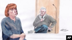 This courtroom sketch by Valentin Pasquier shows Gisèle Pelicot and her ex-husband Dominique Pelicot during his trial, at the Avignon court house, in Avignon, southern France, Sept. 17, 2024. 