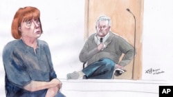 FILE - This courtroom sketch by Valentin Pasquier shows Gisele Pelicot and her ex-husband, Dominique Pelicot, during his trial at the Avignon court house in Avignon, France, Sept. 17, 2024. 