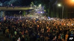 Demonstrators gather in the Square of Heroes during a protest against "the Russian law" in the center of Tbilisi, Georgia, on May 14, 2024, the day the Georgian parliament passed the divisive bill critics warn is a threat to democratic freedoms.