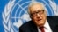 FILE - Arab League-United Nations envoy Lakhdar Brahimi addresses a news conference after a meeting on Syria at the United Nations European headquarters in Geneva, Dec. 20, 2013. 
