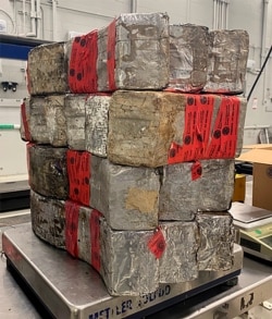 This undated photo provided by the U.S. Customs and Border Protection shows seized drug bundles containing 132 pounds of methamphetamine on display from Feb. 25, 2021, at the Laredo port of entry.