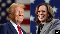 This photo combination shows Republican presidential nominee former President Donald Trump, left, speaking on Sept. 25, 2024, in Mint Hill, North Carolina, and Democratic presidential nominee Vice President Kamala Harris, speaking on Oct. 19, 2024, in Atlanta, Georgia.