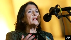 Georgian President Salome Zourabichvili speaks to a crowd during an opposition protest against the results of the parliamentary election in Tbilisi, Georgia, Oct. 28, 2024.