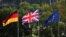 Flags of Britain, Germany and the European Union flutter ahead of the arrival of German Chancellor Olaf Scholz and British Prime Minister Keir Starmer, in Berlin, Germany Aug. 28, 2024. 