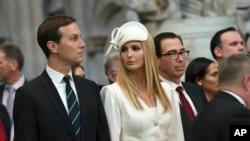 Ivanka Trump and Jared Kushner look on as U.S. President Donald Trump places a wreath on the Grave of the Unknown Warrior during a tour of Westminster Abbey in central London, June 3, 2019. 