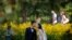 FILE - People wearing face masks pass by newlyweds kissing as they pose for wedding photos at the Olympic Forest Park in Beijing on July 2, 2020. 