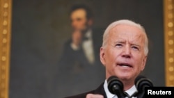 U.S. President Joe Biden delivers remarks on the Delta variant and his administration's efforts to increase vaccinations, from the State Dining Room of the White House in Washington, U.S., September 9, 2021. 