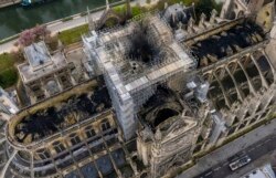 An image made available by Gigarama.ru on April 17, 2019 shows an aerial shot of the fire damage to Notre Dame cathedral in Paris, France.