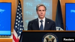 FILE - U.S. Secretary of State Antony Blinken speaks during a news conference at the State Department in Washington, Feb. 26, 2021. 