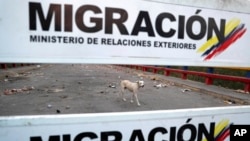 Un perro camina en el lado venezolano del Puente Internacional Francisco de Paula Santander, donde cuelgan carteles de migración en Ureña, Venezuela, el martes 26 de febrero de 2019, visto desde el otro lado del puente en Cúcuta, Colombia, mientras la frontera permanece cerrada.