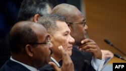 Gaston Browne, Prime Minister of Antigua and Barbuda, Kausea Natano, Prime Minister of Tuvalu, and Arnold Loughman, Attorney General of Vanuatu attend a hearing at the International Tribunal for the Law of the Seas (ITLOS) on September 11, 2023 in Hamburg