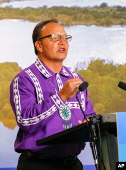 Chief of Choctaw Nation Gary Batton speaks during a press conference with the Chickasaw Nation governor at the Oklahoma Heritage Center in Oklahoma City, Aug. 11, 2016.