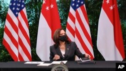 U.S. Vice President Kamala Harris attends a roundtable at Gardens by the Bay in Singapore before departing for Vietnam on the second leg of her Southeast Asia trip, Tuesday, Aug. 24, 2021. (Evelyn Hockstein/Pool Photo via AP)