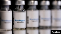 FILE - Mock-up vials labeled "Monkeypox vaccine" are seen in this illustration taken, May 25, 2022