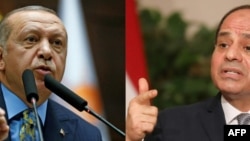 FILE - This combination of pictures shows, at left, a photo released by the Turkish President Office of President Recep Tayyip Erdogan in Ankara on Oct. 23, 2018, and, at right, Egyptian President Abdel Fattah al-Sisi in Cairo on Jan. 28, 2019.