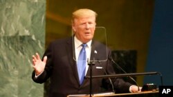 Presiden Amerika Serikat Donald Trump berpidato di hadapan Sidang Majelis Umum Perserikatan Bangsa-Bangsa di New York, Selasa, 19 September 2017. (AP Photo / Seth Wenig)