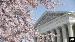 FILE - A tree blooms outside the Supreme Court in Washington, D.C., March 16, 2020. The court Monday sent a New York gun-law case back to a lower court and ruled on a provision of the Affordable Care Act.