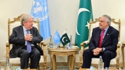 UN Secretary-General Antonio Guterres speaking with Pakistani Foreign Minister Ishaq Dar during their meeting in Islamabad. (AFP)