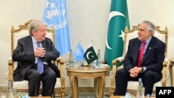 UN Secretary-General Antonio Guterres speaking with Pakistani Foreign Minister Ishaq Dar during their meeting in Islamabad. (AFP)