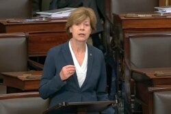 FILE - Sen. Tammy Baldwin, D-Wis., speaks on the Senate floor at the U.S. Capitol in Washington in this Feb. 5, 2020, file image from video.