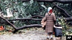 FILE - A woman finds her passage blocked by fallen trees in London, Oct. 16, 1987, after overnight storms with hurricane-force winds caused widespread damage. On the 30th anniversary of the storm, Oct. 16, 2017, Hurricane Ophelia is expected to take aim at Britain and Ireland.