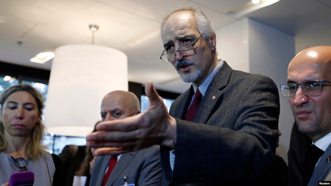 Syrian Ambassador to the U.N. Bashar al Jaafari attends a news conference during the Geneva peace talks in Geneva, Switzerland, Jan. 31, 2016. 