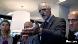 Syrian Ambassador to the U.N. Bashar al Jaafari attends a news conference during the Geneva peace talks in Geneva, Switzerland, Jan. 31, 2016. 