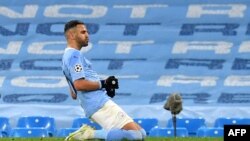 Riyad Mahrez de Manchester City célèbre son but contre le PSG, Angleterre, le 4 mai 2021. 