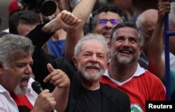 Luiz Inacio Lula da Silva gestures after being released from prison, in Sao Bernardo do Campo, Brazil, Nov. 9, 2019.