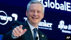 French Finance Minister Bruno Le Maire speaks during a Global Economy debate, in the sidelines of the World Bank/IMF Annual Meetings in Washington, Oct. 12, 2017.