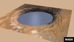 This simulation depicts a lake partially filling Mars' Gale Crater, receiving runoff from snow melting on the crater's rim. Evidence that NASA's Curiosity rover has found of ancient streams, deltas and lakes suggests the crater held a lake such as this more than three billion years ago. (NASA/JPL-Caltech/ESA/DLR/FU Berlin/MSSS)