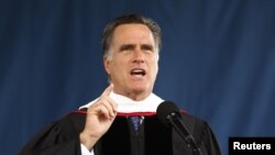 Mitt Romney, President Barack Obama's likely challenger in the November election, speaks at the Liberty University commencement ceremony in Lynchburg in the US state of Virginia May 12, 2012.
