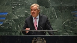 Sekretaris Jenderal PBB Antonio Guterres menyampaikan pidato selama "KTT Masa Depan" di sela-sela Sidang Umum di Markas Besar PBB di New York, Minggu 22 September 2024.