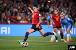 FILE - Spain's Jennifer Hermoso kicks during the Australia and New Zealand 2023 Women's World Cup final football match between Spain and England at Stadium Australia in Sydney on August 20, 2023. (Photo by FRANCK FIFE / AFP)