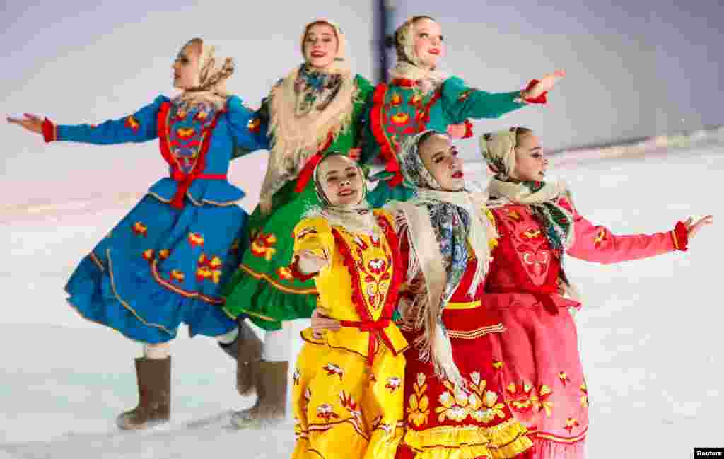 Dancers perform during opening ceremony of the FIS Snowboard World Cup in Moscow, Russia, Jan. 30, 2021.