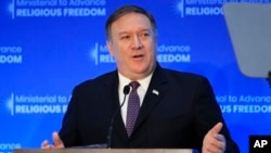 FILE - Secretary of State Mike Pompeo, speaks at the close of a three-day conference on religious freedom at the State Department in Washington, July 26, 2018.