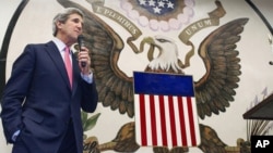 U.S. Secretary of State John Kerry delivers a speech to U.S. foreign service workers at the U.S. Embassy in Tokyo during a 'Meet & Greet' gathering, Apr. 15, 2013. 