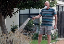 A resident waters his garden wearing a mask as smoke shrouds the Australian capital of Canberra, Australia, Jan. 2, 2020.