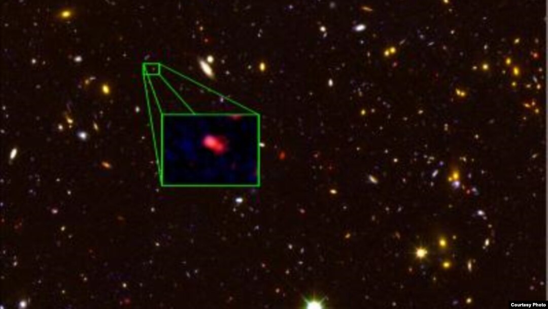This image from the Hubble Space Telescope CANDELS survey highlights the most distant galaxy in the universe with a measured distance, dubbed z8_GND_5296. (Credit: McDonald Observatory)