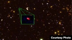 This image from the Hubble Space Telescope CANDELS survey highlights the most distant galaxy in the universe with a measured distance, dubbed z8_GND_5296. (Credit: McDonald Observatory)