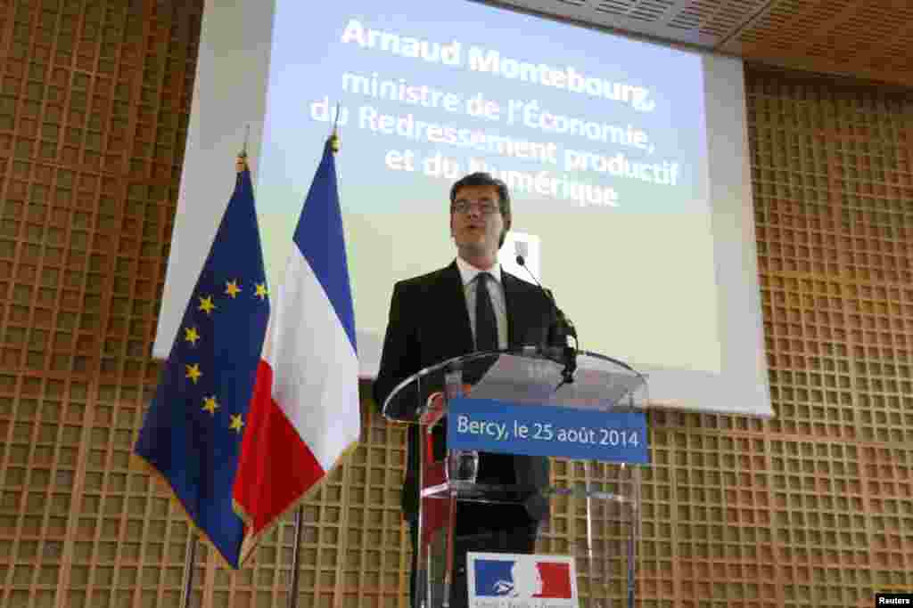 Outgoing French Economy Minister Arnaud Montebourg speaks at a news conference. Montebourg announced he would not seek a role in the reshuffled French government to be unveiled by the prime minister,&nbsp;Paris Aug. 25, 2014.&nbsp;