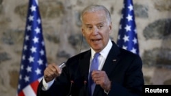 U.S. Vice President Joe Biden speaks during a joint news conference with Turkish Prime Minister Ahmet Davutoglu (not pictured) in Istanbul, Turkey, Jan. 23, 2016. 