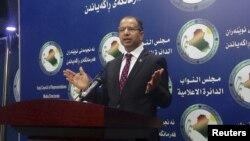 Speaker of the Iraqi Parliament Salim al-Jabouri speaks during a news conference at the parliament building, in Baghdad, April 14, 2016.