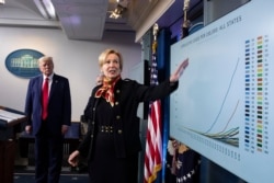 Dr. Deborah Birx, White House coronavirus response coordinator, gestures to a chart as President Donald Trump listens as they speak about the coronavirus in the White House, March 31, 2020, in Washington.