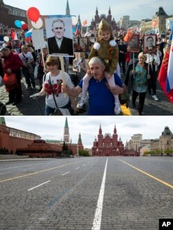 The top photo shows people with portraits of relatives who fought in World War II, on the 74th anniversary of the victory in the war, in Red Square in Moscow, Russia, May 9, 2019; at bottom, a nearly empty Red Square on the 75th anniversary.