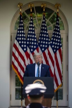 President Donald Trump speaks during a presidential recognition ceremony in the Rose Garden of the White House, May 15, 2020, in Washington.