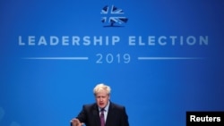 FILE - Boris Johnson, a leadership candidate for Britain's Conservative Party, speaks during an event in Birmingham, June 22, 2019.